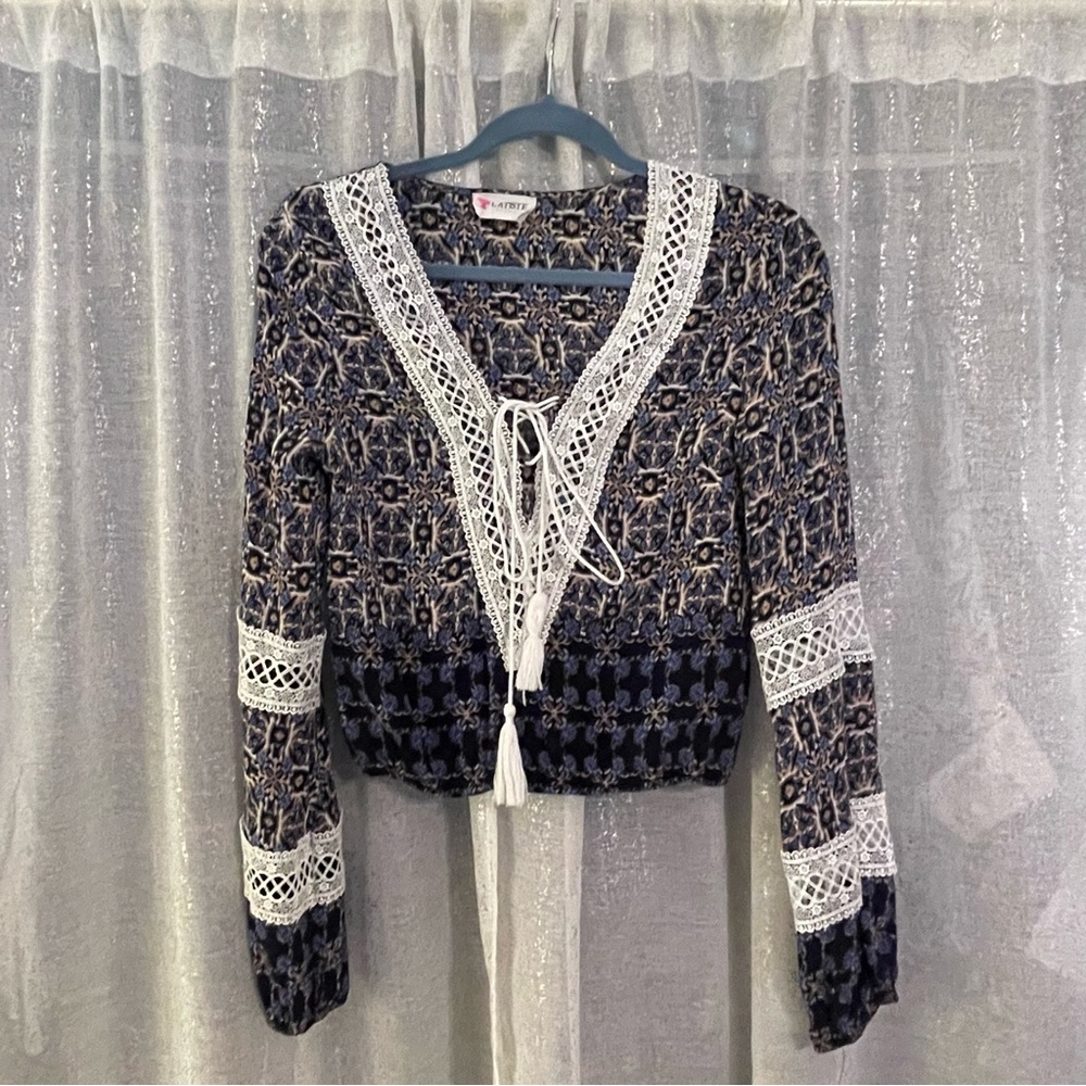 Blouse Blue Bohemian White Beige Black Embellished Tie Front